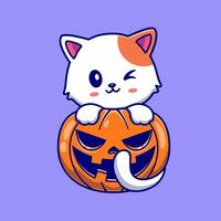 schattig kat met pompoen halloween tekenfilm vector icoon illustratie. dier vakantie icoon concept geïsoleerd premie vector. vlak tekenfilm stijl