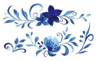 waterverf tekening, blauw ornament van bloemen en bladeren, gzhel. abstract bloemen vector