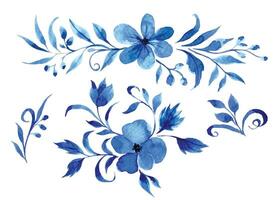 waterverf tekening, blauw ornament van bloemen en bladeren, gzhel. abstract bloemen vector