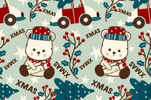 Kerstmis naadloos patroon Aan groen achtergrond.naadloos patroon van polair beer,bessen,boom,auto,ster.cartoon karakter hand- getrokken vector illustratie.ontwerp voor textuur, stof, kleding, verpakking papier.