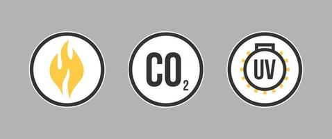 teken waarschuwing voor uv-straling giftig kooldioxide gas bio gevaar. waarschuwing voor radioactieve straling. biologisch laboratoriumlabel vector