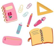 schoolspullen en spullen. kantoorbenodigdheden Kladblok, boek, potlood, etui, potlood, papier, clips, liniaal, stift, krijt. accessoires voor de werkruimte voor het onderwijs. terug naar school. vector illustratie