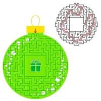 doolhof kleur kerst speelgoed. spel voor kinderen. puzzel voor kinderen. vind de weg naar het geschenk. labyrint raadsel. platte vectorillustratie geïsoleerd op een witte achtergrond. met het antwoord. vector