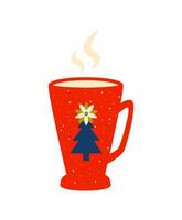 Kerstmis rood kop met heet drankje. mok. winter drank. koffie, chocola, heemst, cacao. nieuw jaar humeur. retro wijnoogst nostalgie. vector