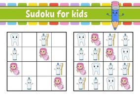 sudoku voor kinderen. onderwijs ontwikkelen werkblad. activiteitenpagina met foto's. puzzelspel voor kinderen. logisch denken opleiding. geïsoleerde vectorillustratie. grappig karakter. cartoon-stijl. vector