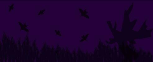 vector halloween achtergrond horizontaal banier met vleermuizen, droog struiken, boom. reclame kopiëren ruimte.
