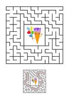 abstracte vierkante doolhof. werkbladen voor kinderen. spel puzzel voor kinderen. schattig ijs op een witte achtergrond. een ingangen, een uitgang. labyrint raadsel. vectorillustratie. met het antwoord. vector