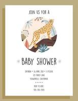 baby shower uitnodigingssjabloon. tropische cheetah achtergrond, met de hand getekende illustraties. vector