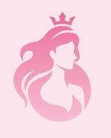 elegant luxe Barbie roze logo met mooi gezicht van jong volwassen vrouw met lang haar. prinses, koningin, kroon. sexy symbool silhouet van hoofd en tekst belettering vector