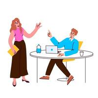 een Mens en een vrouw in de kantoor bespreken gafik. collega's werken Aan een gemeenschappelijk projecteren, samenwerkend werk. vector