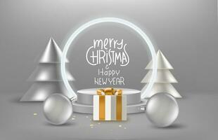 Kerstmis groet kaart met belettering opschrift en zilver kerstballen en dennen. 3d vector illustratie