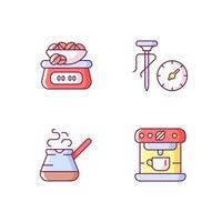 apparaat voor koffiebereiding rgb kleur iconen set. weegschaal voor bonen. thermometer voor temperatuur. geïsoleerde vectorillustraties. espresso maken van eenvoudige gevulde lijntekeningencollectie vector