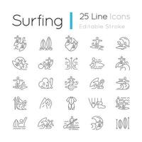 surfen lineaire pictogrammen instellen. vrijetijds besteding. golven vangen en trucjes leren. surfzone. aanpasbare dunne lijncontoursymbolen. geïsoleerde vectoroverzichtsillustraties. bewerkbare streek vector