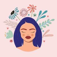 wereld mentaal Gezondheid dag illustratie.illustratie van vrouw hoofd met bloemen hand- getrokken. vector