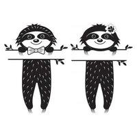 schattige luiaard karakter jongen en meisje, met tekst separator zwarte stencil monogram geïsoleerde vector