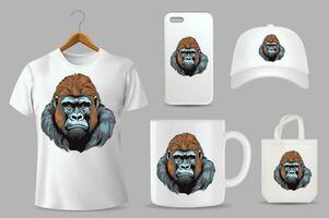 hand- getrokken solide kleur gorilla illustratie Aan verschillend Product Sjablonen vector