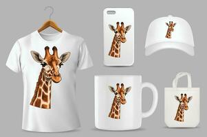 hand- getrokken solide kleur giraffe illustratie Aan verschillend Product Sjablonen vector