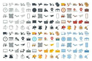 mega reeks levering icoon, inbegrepen pictogrammen net zo vrachtwagen, scooter, magazijn, envelop en meer symbolen verzameling, logo geïsoleerd vector illustratie