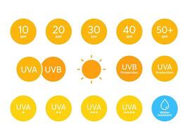 groot spf kleur icoon vector set. zon bescherming symbolen voor sunblock of zonnescherm producten. verzameling van uv inhoudsopgave voor kunstmatig verpakking