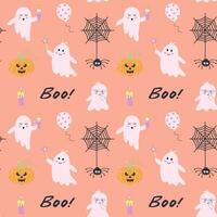 schattig roze halloween geest naadloos patroon. geesten, pompoen, spin Aan web, boe, ballon en kaars Aan pastel achtergrond. vector