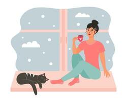 jong vrouw zittend Aan de venster met een mok van heet drinken en schattig kat slapen in de buurt haar. besneeuwd dag weer buiten de venster. vector