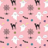 schattig roze halloween geesten naadloos patroon. pastel afdrukken met spookachtig geesten, spin Aan web, snoepjes, zwart kat en knuppel. vector