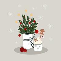 vector Kerstmis illustratie met Kerstmis boeket in een vaas, sterren, decoratie en sneeuwvlokken, cacao kop met room, snoep riet en peperkoek Mens.