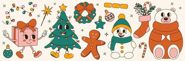 groovy jaren 70 Kerstmis sticker set. modieus retro tekenfilm stijl. grappig tekenfilm tekens en elementen. Kerstmis boom, beer, sneeuwman, ontbijtkoek, geschenk vector