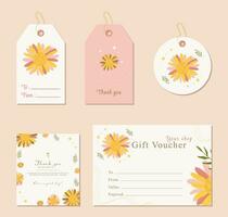 labels, geschenk tegoedbon en dank u kaart in reeks met kleurrijk schattig bloemen en blad, esthetisch natuur concept voor uw project of klein bedrijf vector