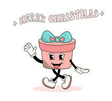 groovy Kerstmis roze meisjesachtig geschenk doos, schattig meisje mascotte karakter in modieus retro stijl. groovy belettering vrolijk kerstmis. vector illustratie