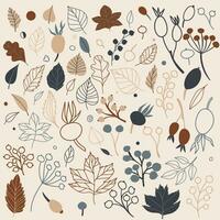 reeks van vlak geïsoleerd illustratie van bladeren en bessen in knus herfst kleuren. gekleurde vlak vector decor voor scrapbooken, textiel of boek dekt, achtergronden, grafisch kunst, afdrukken, hobby, uitnodiging