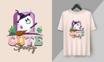 schattig spookachtig - retro halloween schattig t-shirt ontwerp met groovy stijl, boe, geest, pompoen, heks, enz vector