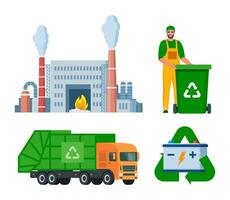 verbranding fabriek en vuilnis vrachtwagen. vuilnis Mens in uniform met groen uitschot bak. recycling reeks van elementen. vector illustratie.