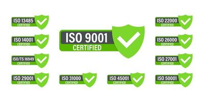 reeks van iso certificaat postzegel en etiketten. iso gecertificeerd kenteken. informatie veiligheid beheer vector