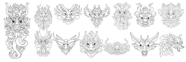 groot verzameling van tekening draken hoofden. hand- getrokken tekening draak maskers symbool van 2024 jaar. reeks van draak schets. vector illustratie.