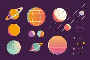 ruimte elementen reeks met planeten en sterren. retro futurisme, 80s uitstraling. modieus modern vector illustratie, hand- getrokken, vlak