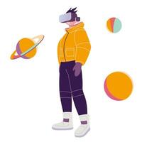 jongen in vr bril en ruimte pak met planeten, tekenfilm stijl. concept van virtueel realiteit technologie, metavers. modieus modern vector illustratie geïsoleerd Aan wit achtergrond, hand- getrokken, vlak