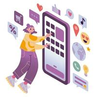 meisje interactie met smartphone scherm toepassing menu, tekenfilm stijl. online sociaal communicatie, verscheidenheid van telefoon functies concept. modieus vector illustratie geïsoleerd Aan wit, vlak