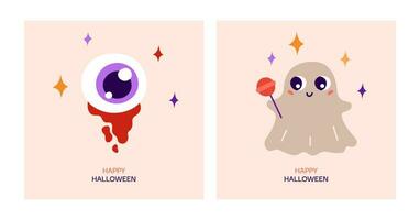 gelukkig halloween groet kaart. tekenfilm vector illustratie met schattig magie geest met snoep, oog met bloed en sterren.