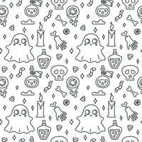 gelukkig halloween. naadloos patroon. schattig tekening vector illustratie met toverdrank, hand- met bot, geest, schedel, kaars, snoep.