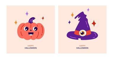 gelukkig halloween groet kaart. tekenfilm vector illustratie met schattig magie pompoen, heksen hoed en sterren.