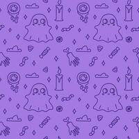 gelukkig halloween. naadloos patroon. schattig tekening vector illustratie met magie geest, snoep, oog, kaars, hand- met bot Aan Purper achtergrond.