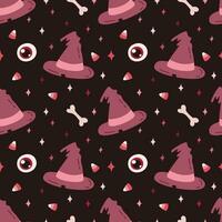 gelukkig halloween. naadloos patroon. schattig vector illustratie met weinig roze hoed, bot, oog, snoep en sterren Aan bruin achtergrond.