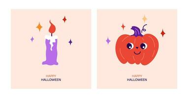 gelukkig halloween groet kaart. tekenfilm vector illustratie met schattig magie pompoen, brandend kaars en sterren.