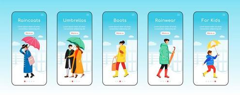 regenkleding onboarding mobiele app scherm platte vector sjabloon. paraplu's en laarzen. kinder regenjassen. walkthrough website stappen met karakters. ux, ui, gui smartphone cartoon-interface, case prints set