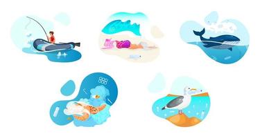 plastic vervuiling in oceaan platte concept iconen set. zeewaterverontreiniging probleem stickers, cliparts pack. ecologische catastrofe, natuurschade. geïsoleerde cartoonillustraties op een witte achtergrond vector