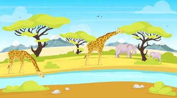 Afrikaanse instandhouding platte vectorillustratie. giraffen en olifanten in de buurt van drinkplaats. rivier die door savanne stroomt. groen landschap. panoramisch landschap. Zuid dieren stripfiguren