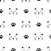 schattig kat gezicht patroon naadloos. hand- getrokken schetsen tekening pot zwart gezicht Aan wit achtergrond. kat voetafdruk element. schattig huisdier patroon. vector