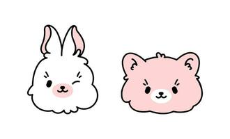 schattig vector gezichten van een konijn, konijn, beer, katje voor decoreren kinderen kamers. grappig stickers voor meisjes in wit en roze.