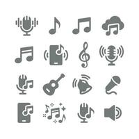 muziek- notities, sleutel en geluid vector icoon set. musical Opmerking, microfoon pictogrammen.